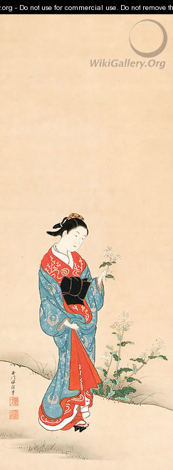 Courtesan holding a flower - Nishikawa Sukenobu