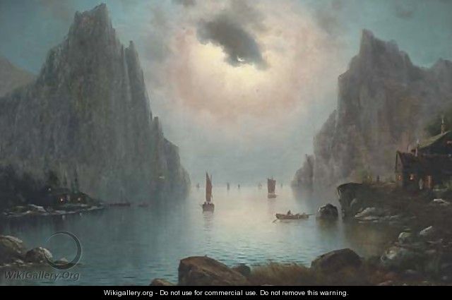 Vessels on a fjord by moonlight - Nils Hans Christiansen