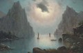 Vessels on a fjord by moonlight - Nils Hans Christiansen