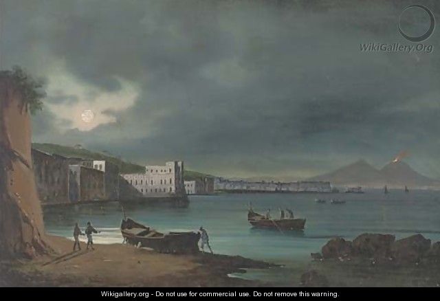 Fishermen at the Bay of Naples by night, Vesuvius beyond - Neapolitan School