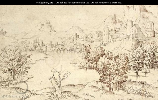 A mountainous landscape with a lake in the foreground, a town seen beyond - Netherlandish School