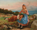 Two girls resting on a bank with a basket of flowers, Vesuvius and the bay of Naples beyond - Neopolitan School