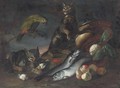 A parrot, two cats, dead fish, pears, an artichoke, a cauliflower - Neapolitan School