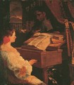 An elegant lady playing the harpsichord, with a view of Mount Vesuvius beyond - Neapolitan School
