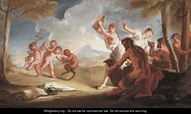 Nymphs, putti and satyrs dancing in a landscape - Nicola Grassi