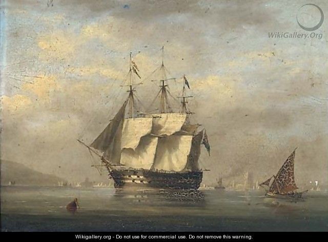 A British two-decker arriving at Lisbon and preparing to anchor with the Belem Tower off her stern - Nicholas Condy