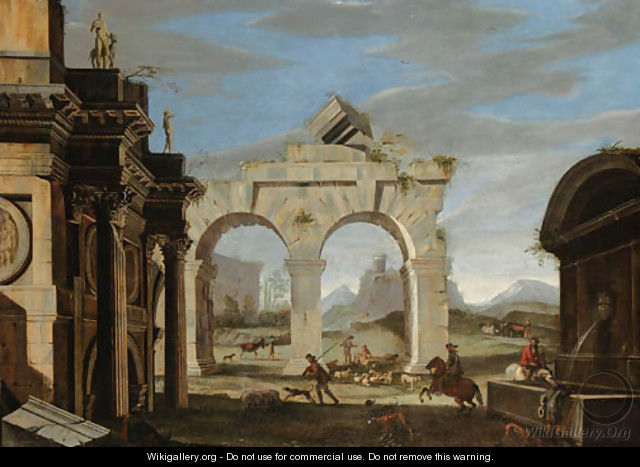 A classical capriccio with a hunting party and shepherds with their flock - Niccolo Codazzi