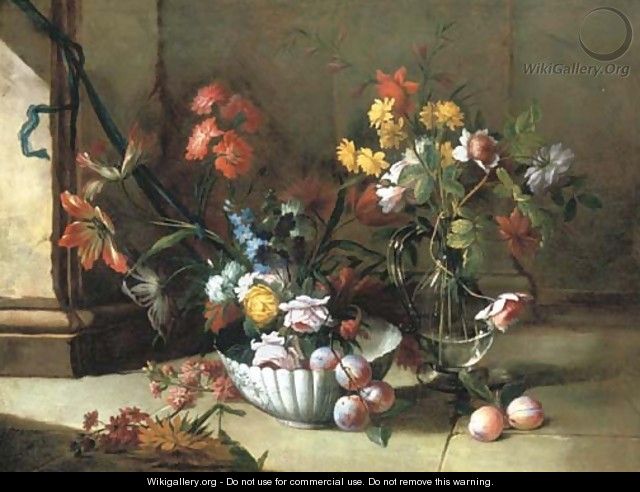 Roses, carnations and other flowers and plums in a porcelain bowl - Niccolino Van Houbraken