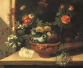 A ceramic vase with roses, hortensias and other flowers - Niccolino Van Houbraken
