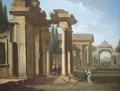 A capriccio of classical ruins with elegant figures promenading - Niccolo Codazzi