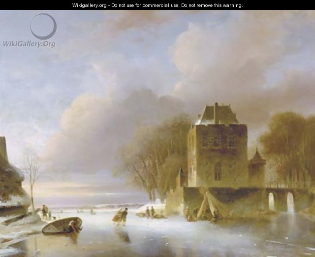 Skaters on a frozen river with a koek en zopie by a mansion - Nicolaas Johannes Roosenboom
