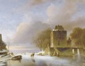 Skaters on a frozen river with a koek en zopie by a mansion - Nicolaas Johannes Roosenboom