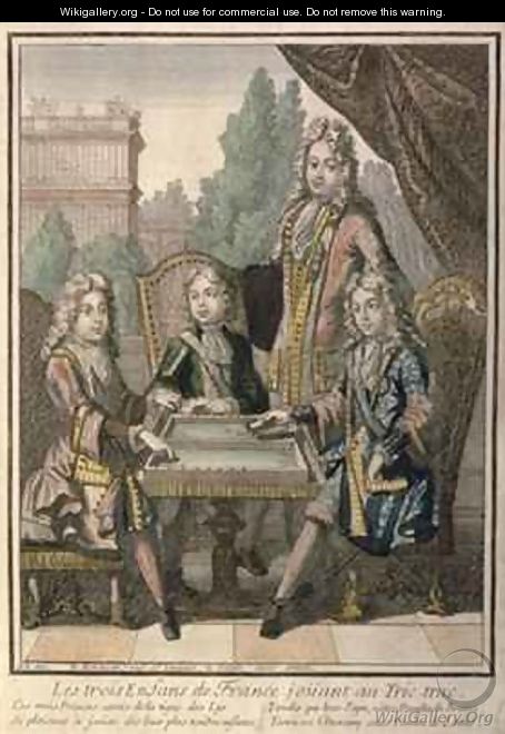 The Grandchildren of Louis XIV (1638-1715) of France Playing Backgammon, Louis the Duke of Burgundy (d.1712) Philip, Duke of Anjou (1683-1746) and Charles, Duke of Berry, with their father, Louis, Dauphin of France (d.1711) - Nicolas Bonnart