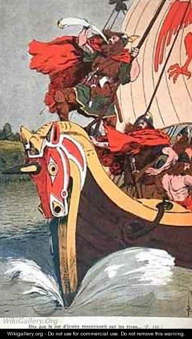 Viking blowing the horn on a longship as it approaches the norse coast - Louis Bombled