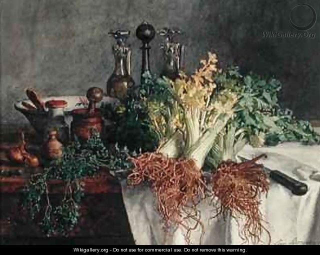 Still Life on Kitchen Table with Celery, Parsley, Bowl and Cruets - Leon Bonvin