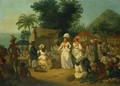 A linen market with a linen stall and a vegetable seller in a Colonial settlement - Agostino Brunias