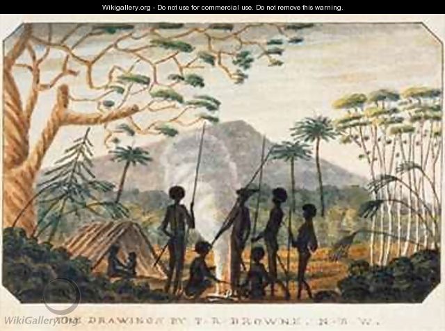 Group of aborigines around a campfire - T.R. Browne