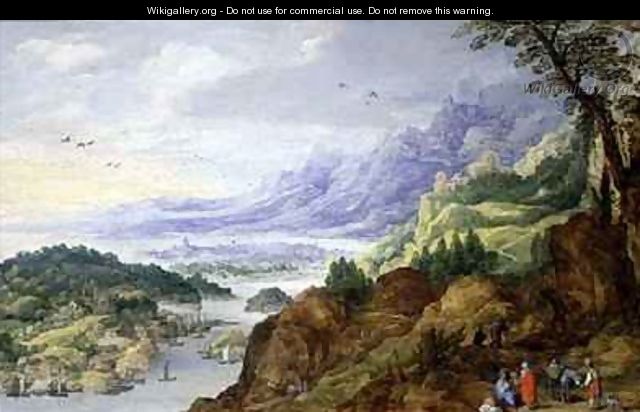 Mountainous coastal landscape with travellers at rest - J. & Momper, J.de Brueghel