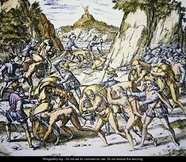 Conquistadors enslaving and beating native American baggage carriers - (after) Bry, Theodore de