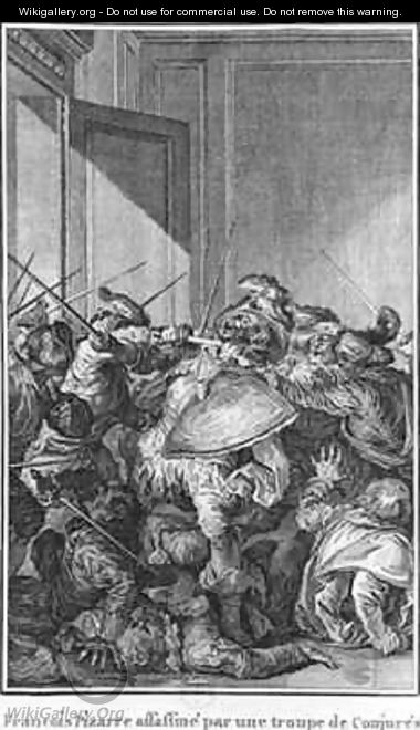 Francisco Pizarro assassinated by an army of conspirators - Theodore de Bry