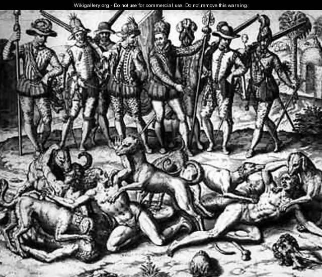 The dogs of Vasco Nunez de Balboa (1475-1571) attacking the Indians - Theodore de Bry