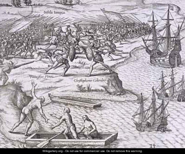 Battle in Jamaica between Christopher Columbus (1451-1506) and Francisco Poraz - (after) Bry, Theodore de