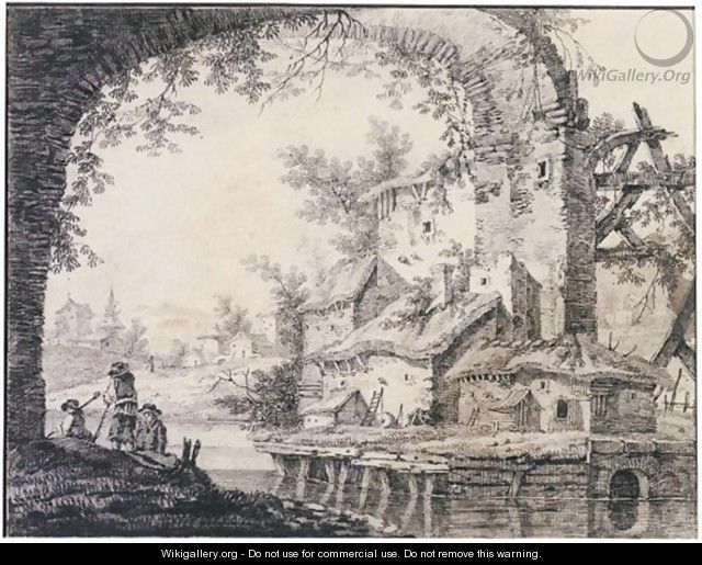 Houses On A Riverbank With A View Through A Ruined Viaduct - Jean-Baptiste Pillement