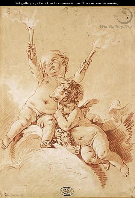 Two Putti Among Clouds, One Holding Torches - (after) Francois Boucher