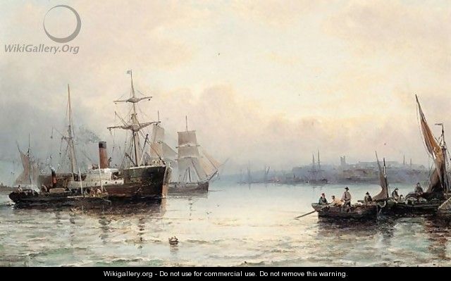 Harbour scene with steamboat - Hubert Thornley