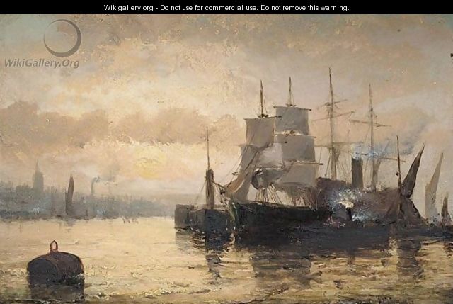 Shipping on harbour - William A. Thornley or Thornbery