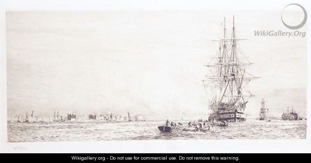 Three masted ship in mediterranean harbour - William Lionel Wyllie