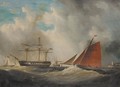 A cutter and man o'War in harbour entrance - (after) Arthur Wellington Fowles