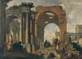 An architectural capriccio with figures discoursing amon roman ruins - Giovanni Paolo Panini