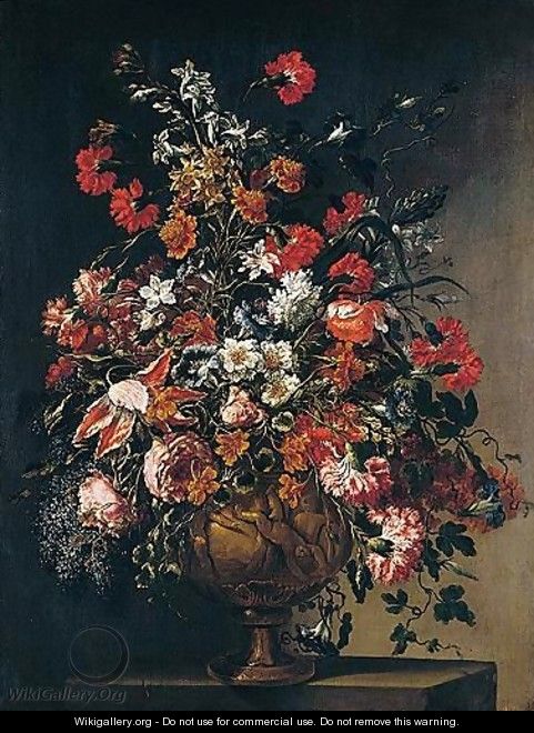 A still life of various flowers in an ormolu vase with putti - dei Fiori (Nuzzi) Mario