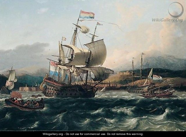 Dutch and english men of war with galley and other shipping off a Levantine coast - Ludolf Backhuysen