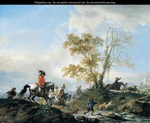 A landscape with a stag hunt in full cry, fording a stream - Philips Wouwerman