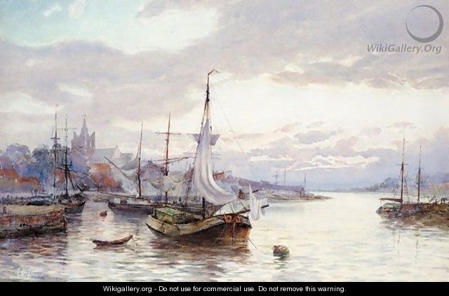 River barges at sunset - Frank William Scarbrough