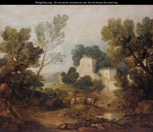 Wooded Landscape With A Driver And Cattle And A Distant Mansion - Thomas Gainsborough
