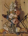 Trompe L'Oeil Still Life Of A Vase Of Flowers, Shells And A Book, With Eyeglasses, A Key And Other Objects Tacked To A Wooden Wall - Antonio Gianlisi The Younger