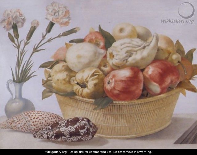 Still Life With A Basket Of Fruit, A Vase With Carnations And Shells All Resting On A Table - Giovanna Garzoni