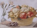 Still Life With A Basket Of Fruit, A Vase With Carnations And Shells All Resting On A Table - Giovanna Garzoni