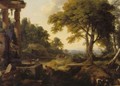 Landscape With Two Women At A Fountain, A Herd Of Cows At A Stream And Travelers On Horseback Beyond - Laurent de La Hyre