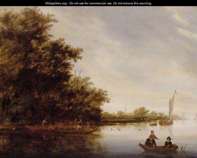 River Landscape With Fishermen In A Rowing Boat And A Ferry - Salomon van Ruysdael