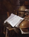 A Vanitas Still Life With A Globe, An Hourglass, A Pouch, Books, Sheet Music,a Lute And Other Musical Instruments On A Draped Table - Edwart Collier