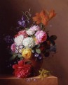 Still Life Of Flowers In A Terracotta Urn Resting On A Marble Ledge - Arnoldus Bloemers