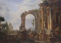 A Capriccio Of Classical Ruins With The Pyramid Of Caius Cestius, An Arch, A Ruined Temple With Ionic Columns And A Statue Of Venus, Figures Standing By A Water-Pool Nearby - Giovanni Paolo Panini