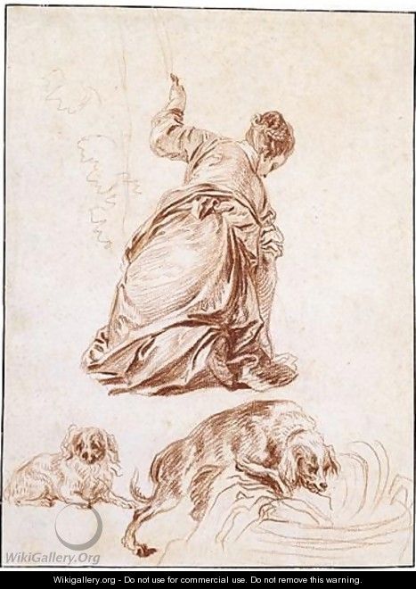 A Kneeling Woman, After Veronese, And Two Studies Of Dogs, One After Rubens - Jean-Antoine Watteau
