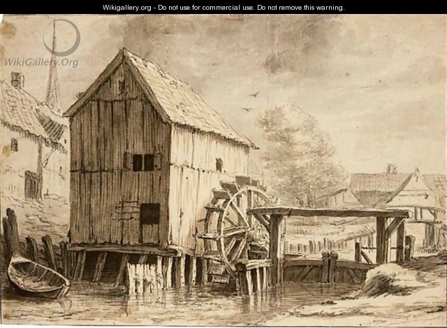A Watermill And Sluicegate, With A Village Behind - (after) Cornelis Saftleven