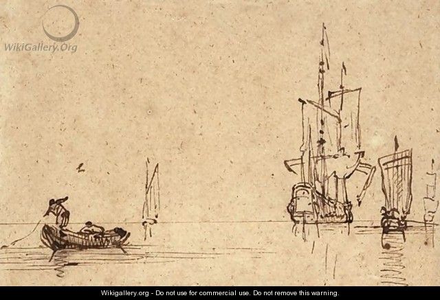 Ships And A Fishing Boat On A Calm Sea - Willem van de, the Elder Velde