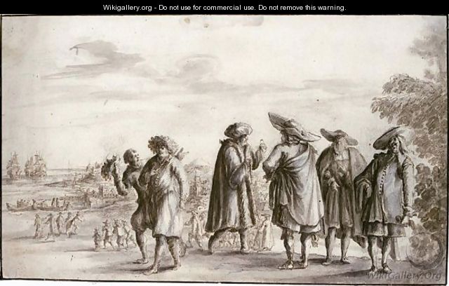 A Group Of Merchants, With A Coastal Landscape Behind - (after) Lucas De Wael